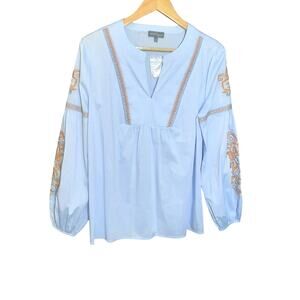 Market & Spruce Womens Mevi Light Blue Embroidered Detail Long Sleeve Top Size L